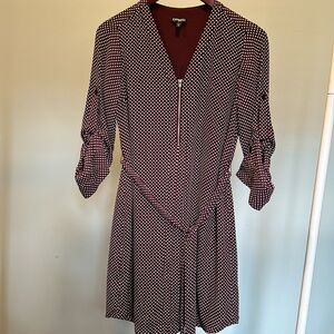 Express lined dress, burgundy, white polka dots, with tie, size XS.
